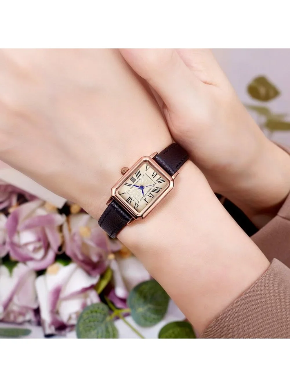 Women's Black Gold Leather Strap Elegant Dainty Vintage Rectangle Wrist Watch